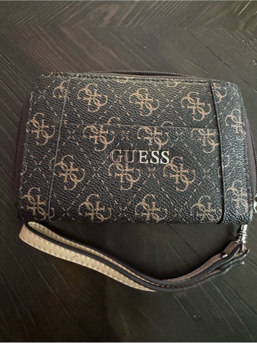Guess Leather Zip Wallet in Black and Beige Interior